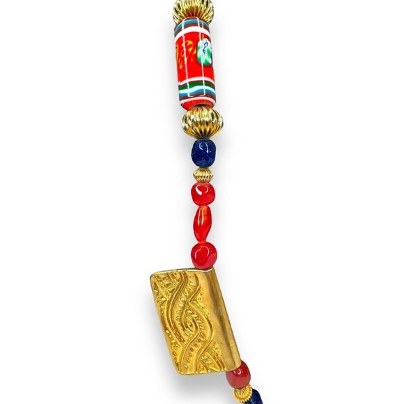 Vintage Tribal-Inspired Red, Blue & Gold Statement Necklace 27" Unsigned - Picture 4 of 13
